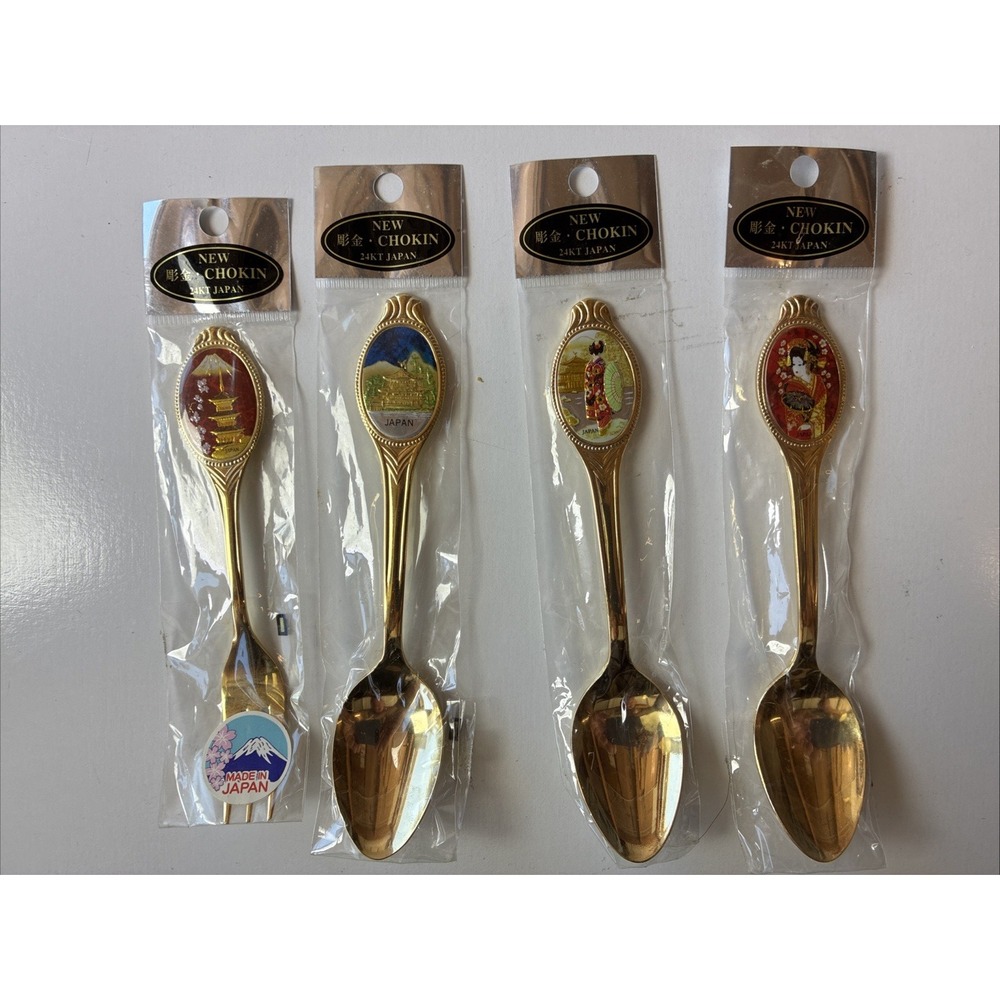 Chokin Japanese Set 4 24k Gold Plated Collectors Utensils Spoons Fork Japan